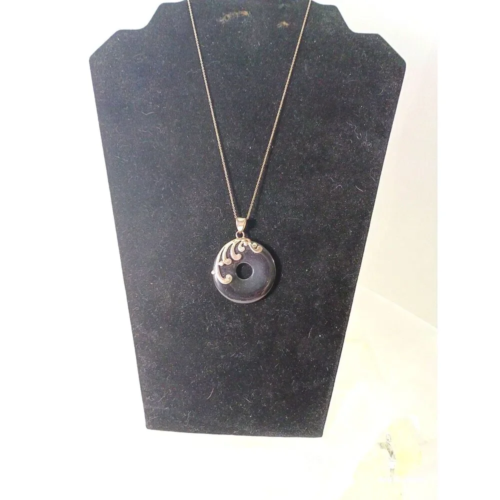Black Donut Pendant Necklace in Wire-Wrapped Silver & Gold Motif
